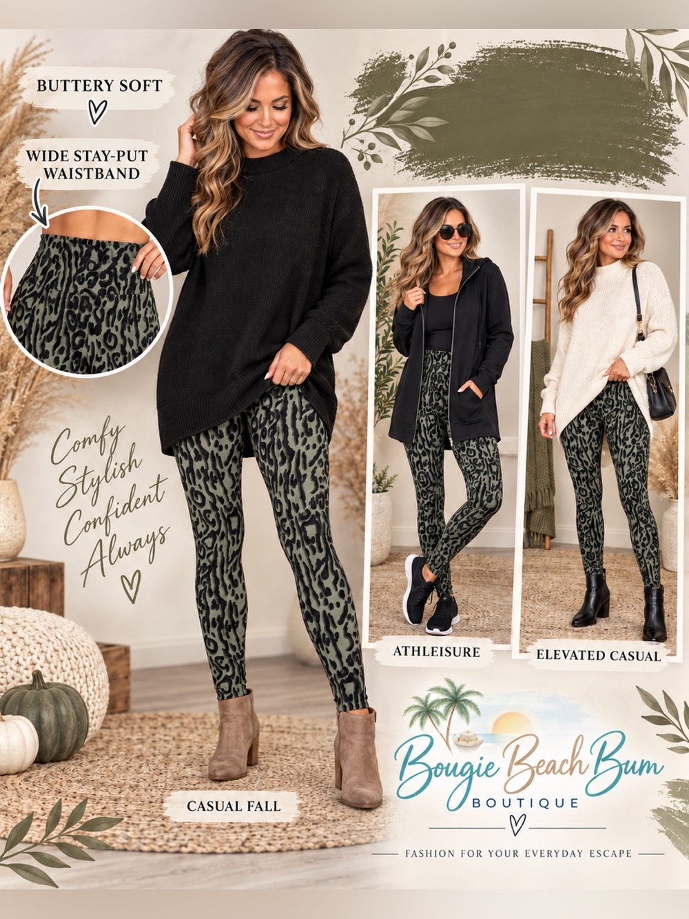 One Step Up Olive Leopard Print Leggings